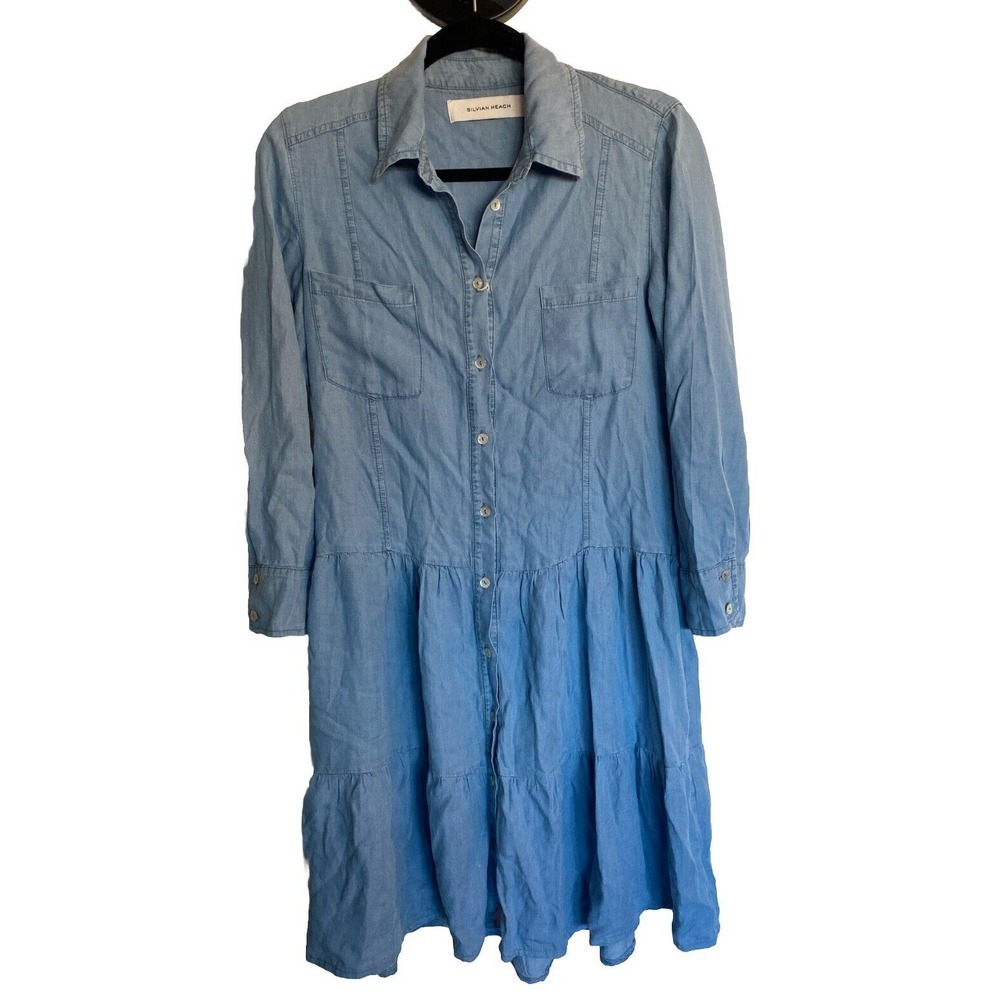 NWT Silvian Heach Women Chambray Tiered button front‎ Dress Blue Sz XS